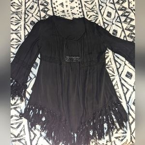 Donating Soon! Haute Society Black Fringed Boho Blouse Shawl Size Small